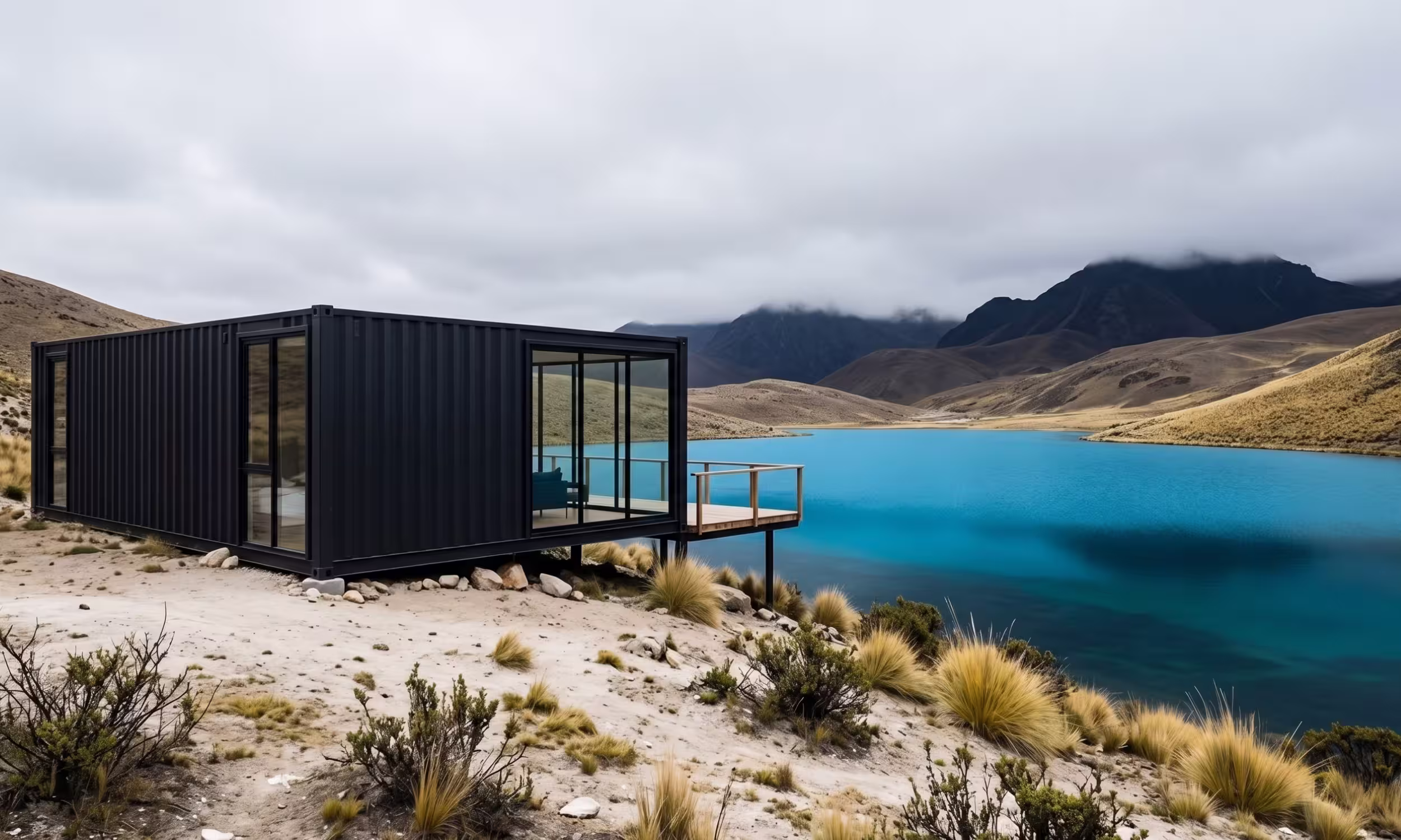 Casa contenedor elegante al costado de un hermoso lago