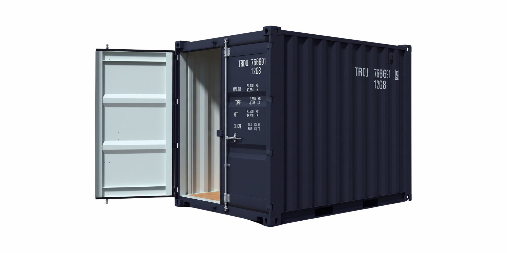 Contenedor de 10 pies con una puerta abierta