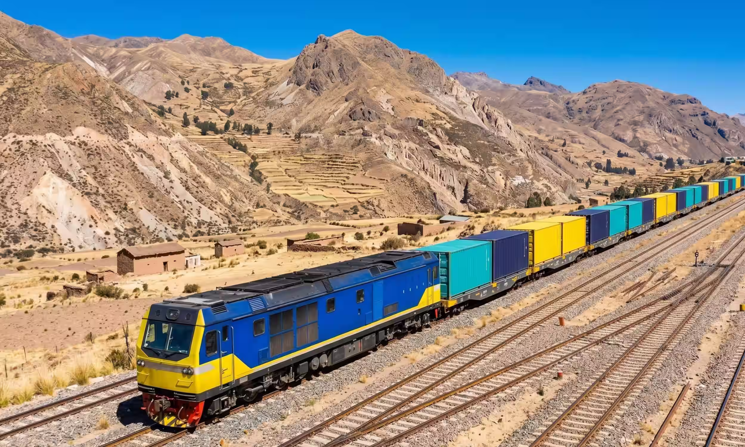 Contenedores marítimos de 20 pies transportados por un tren a través de la sierra peruana