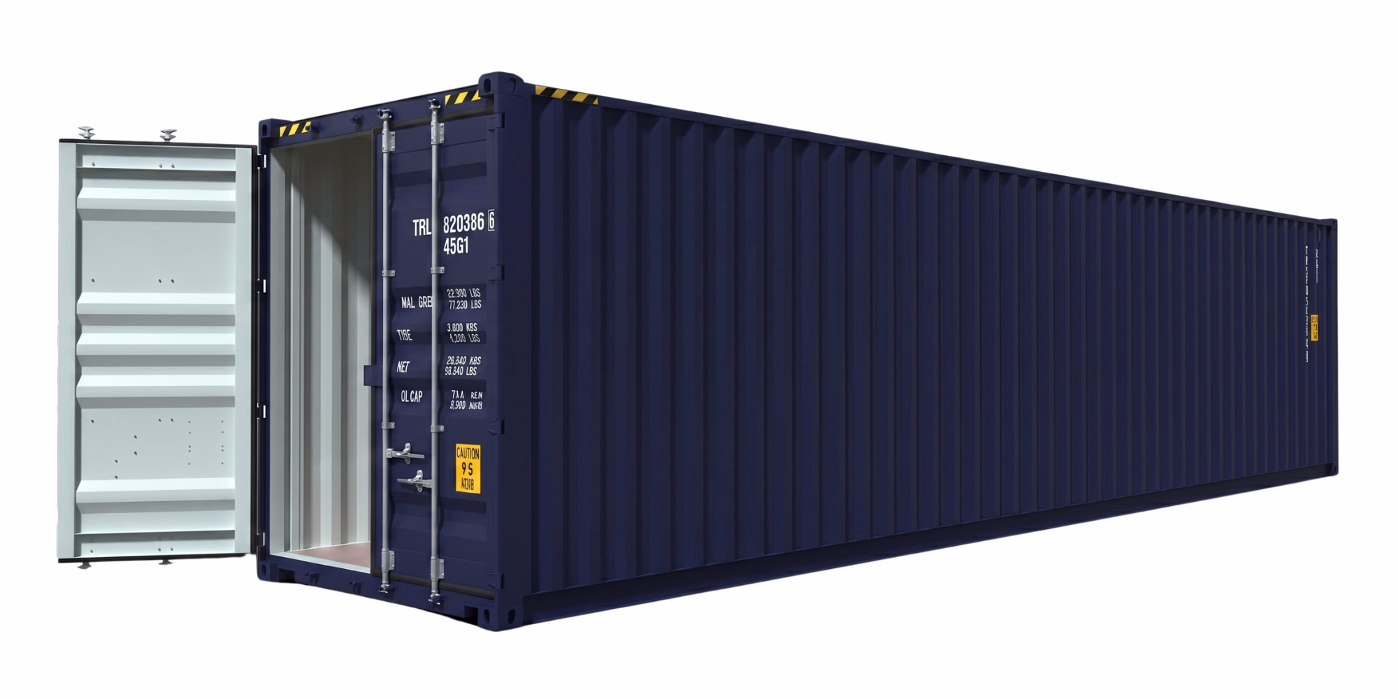Exterior con puertas abiertas de un contenedor de 40 pies high cube