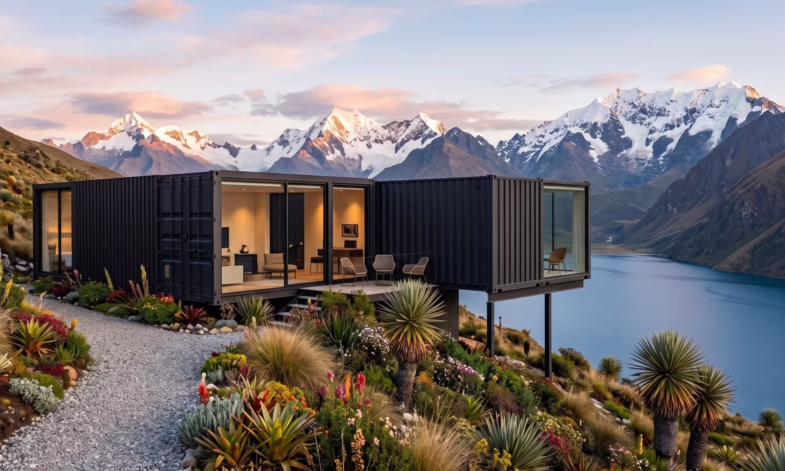 Casa contenedor negra desplegada al lado de un hermoso lago